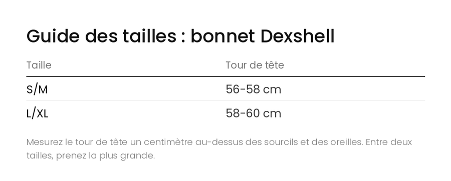Guide des tailles bonnet impermeable dexshell beanie solo