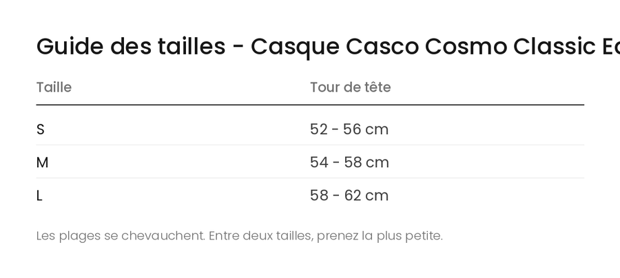 Guide des tailles - Casque Casco Cosmo Classic Eden