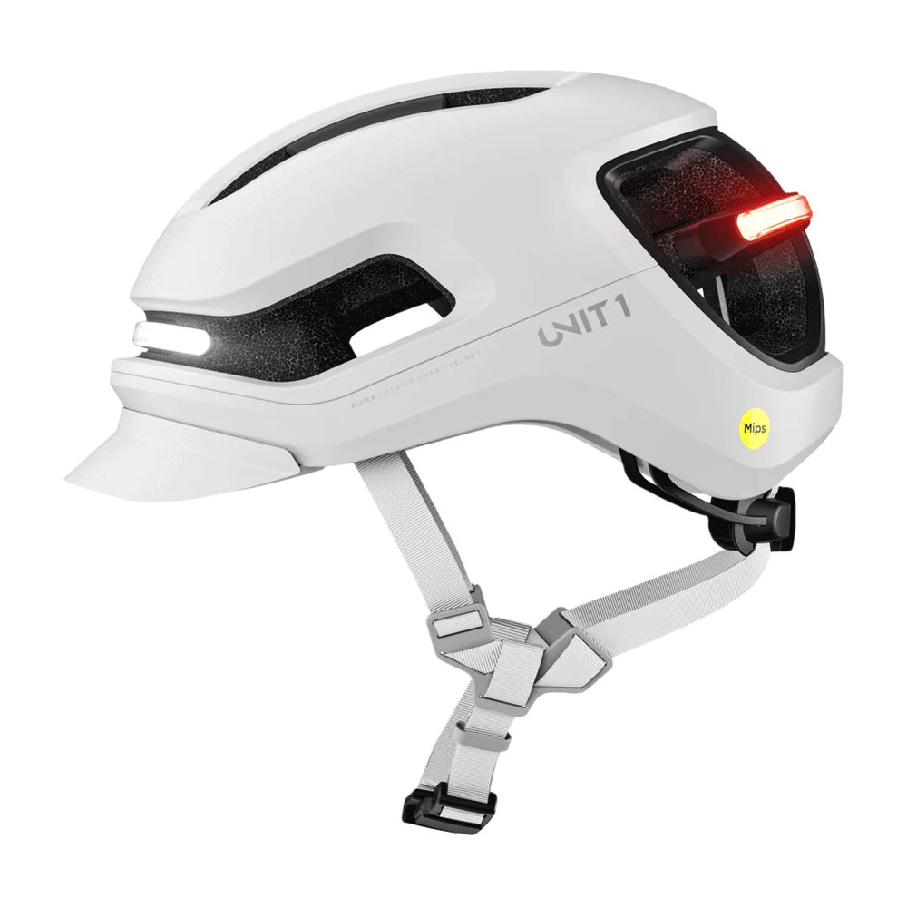 Casque connecté Unit 1 Aura MIPS, coloris Chalk, vue de profil, badge Mips