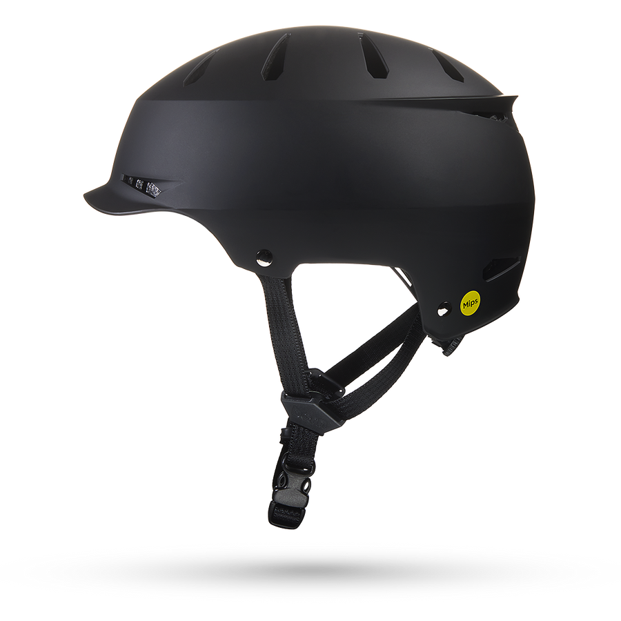 Casque velo Bern Hendrix MIPS noir mat de profil gauche avec pastille MIPS jaune