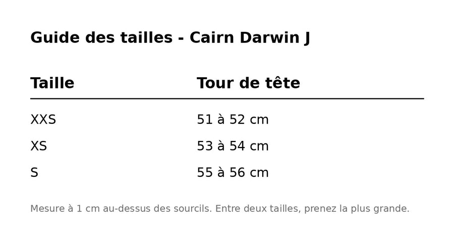 Casque vélo enfant Cairn Darwin J guide des tailles