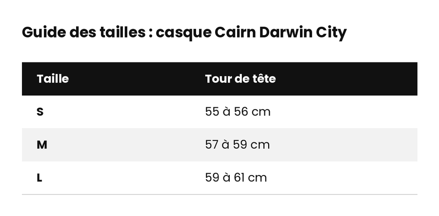 Guide des tailles Casque vélo urbain Cairn Darwin City