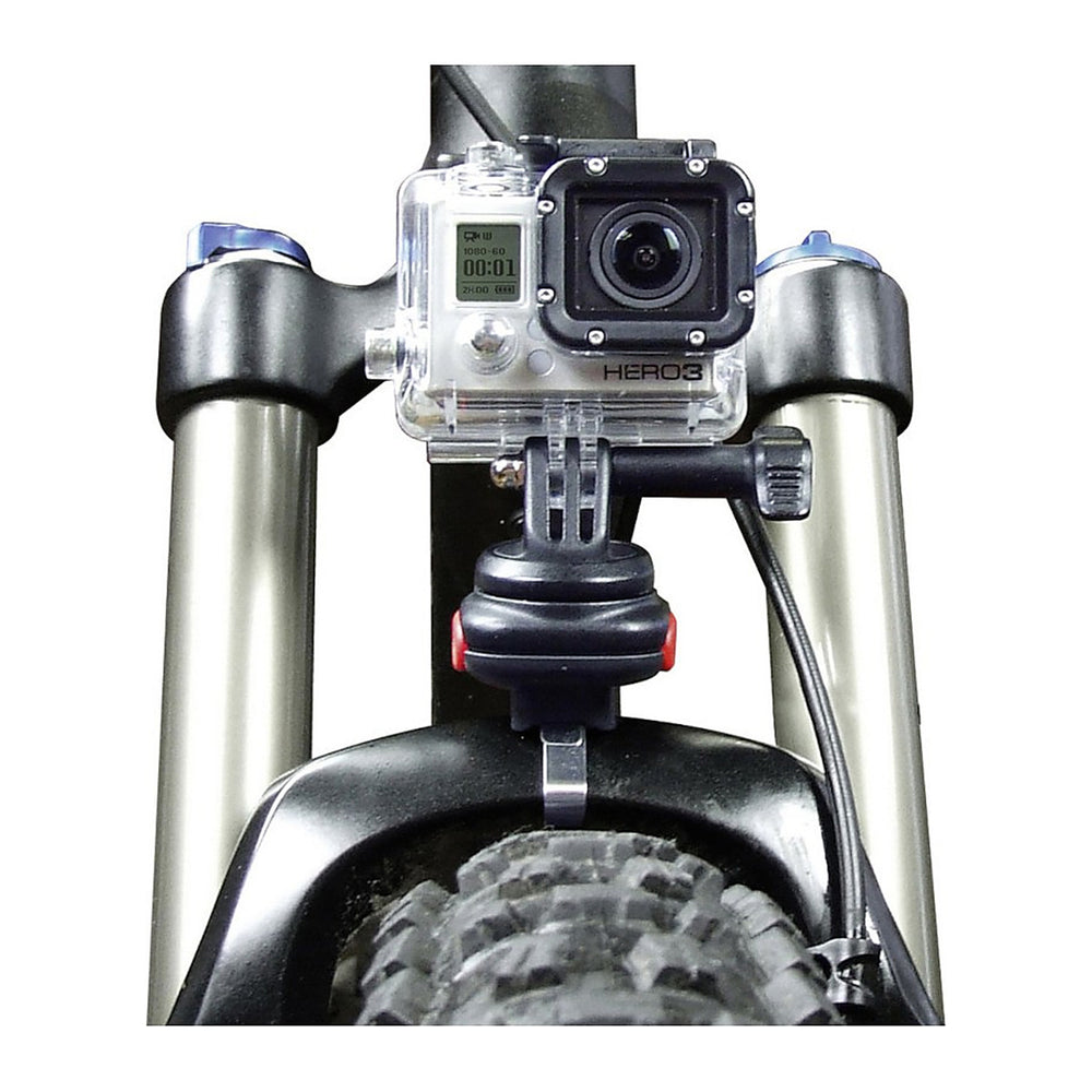 Fixation caméra GoPro pour vélo KlickFix CamOn – Set CamOn : adaptateur + 2 MiniBlocs + plaque GP – la camera montee sur une fourche suspendue