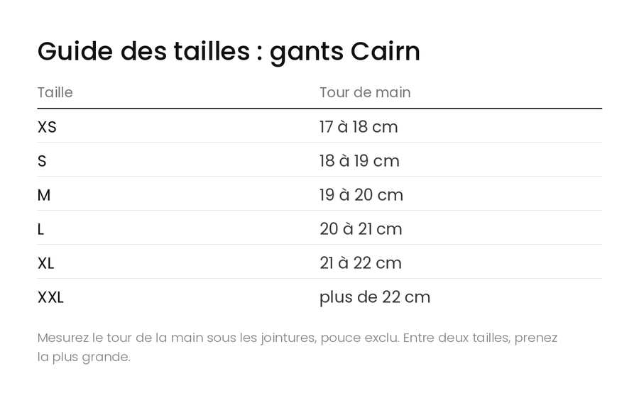 Guide des tailles gants Cairn Warm Touch