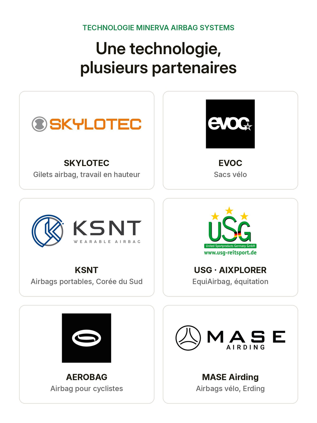 Partenaires de la technologie airbag Minerva : Skylotec, EVOC, KSNT, USG AIXPLORER, Aerobag et MASE Airding