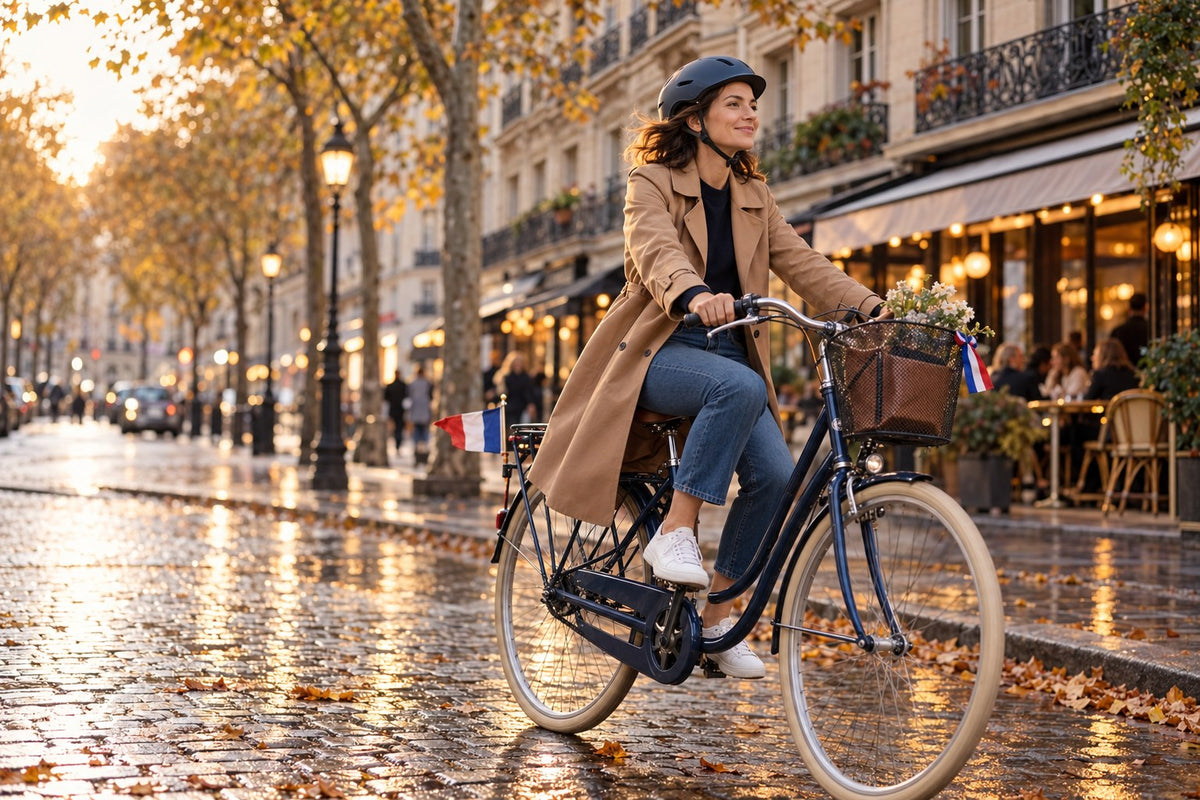 Cycliste à vélo de ville dans une rue de Paris en automne, petit fanion tricolore sur le porte-bagages