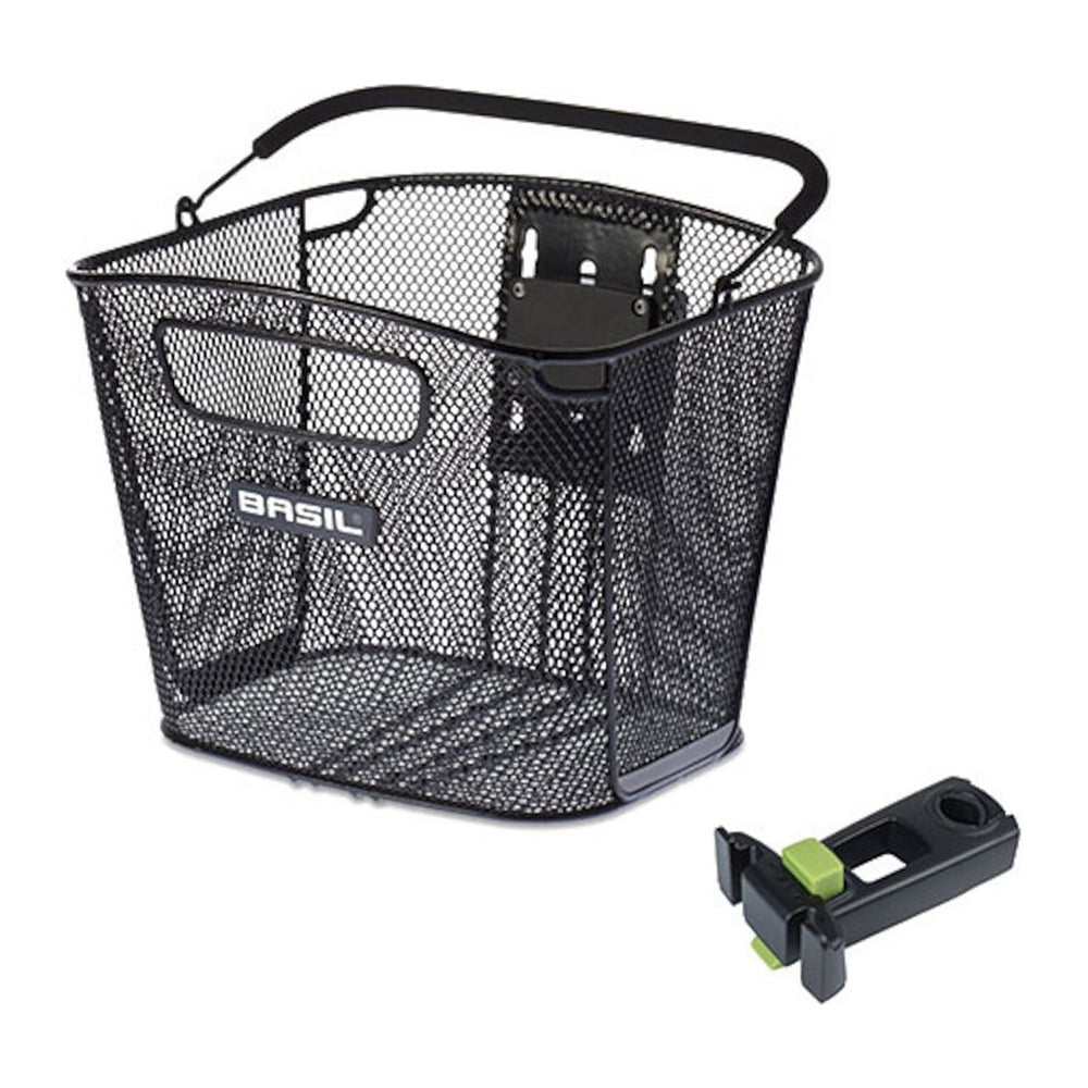 Panier avant vélo Basil Bold Front KF – Noir – le detail de la plaque KF sous le panier