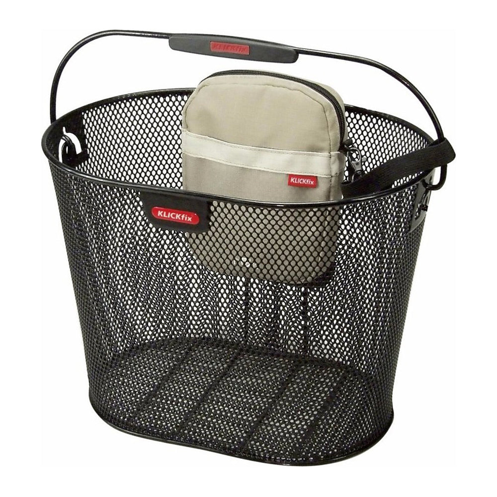 Petite sacoche vélo KlickFix Babs 1,1 L – Beige – la pochette clipsee sur le bord d un panier metal
