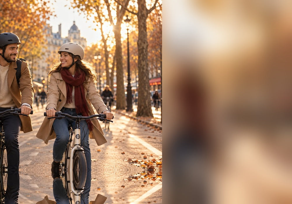 Couple à vélo en ville en automne, promos d'automne Max And The City