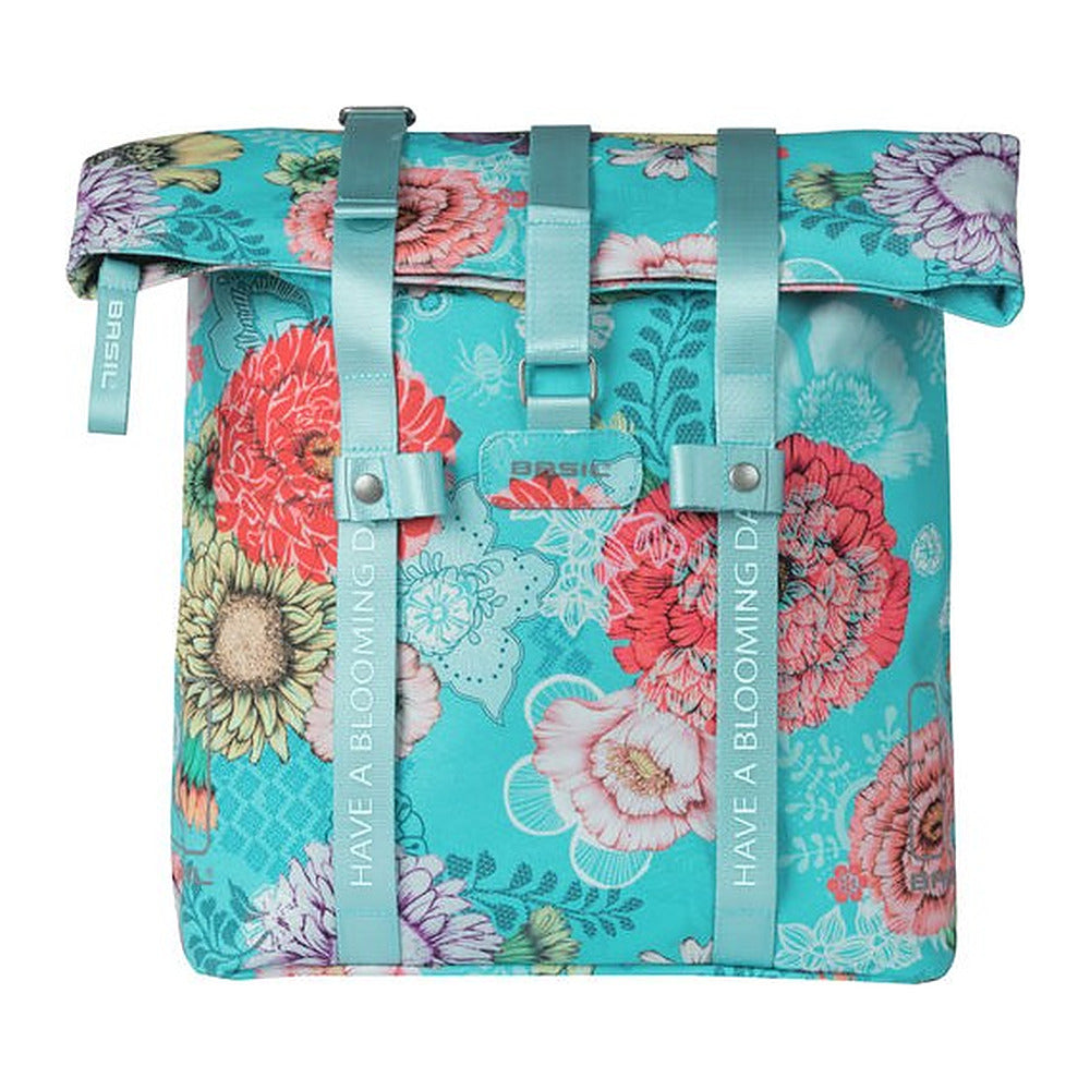 Sacoche vélo Basil Bloom Field Shopper 20 L coloris Sky Blue – vue trois quarts roulee