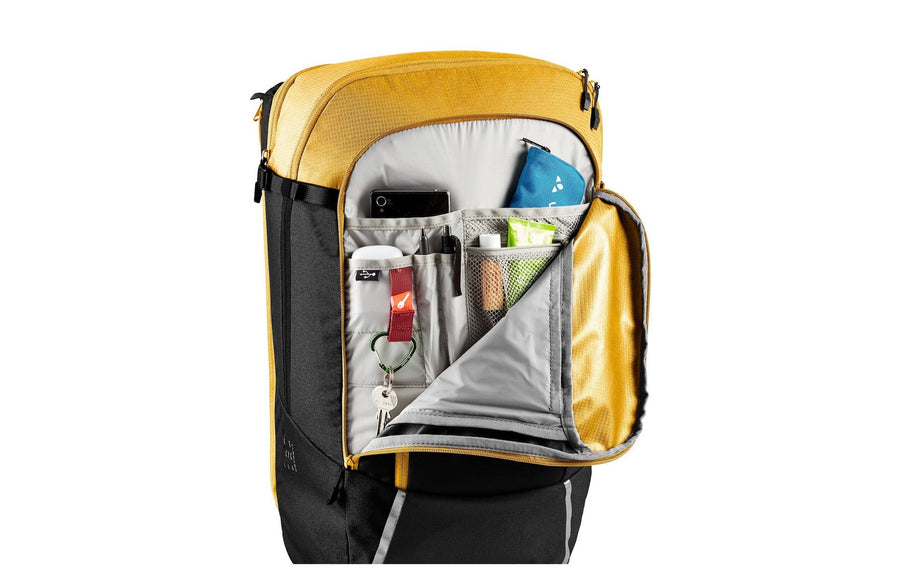 Sacoche vélo Vaude Cycle 28 II intérieur ouvert avec rangements (coloris Burnt Yellow)