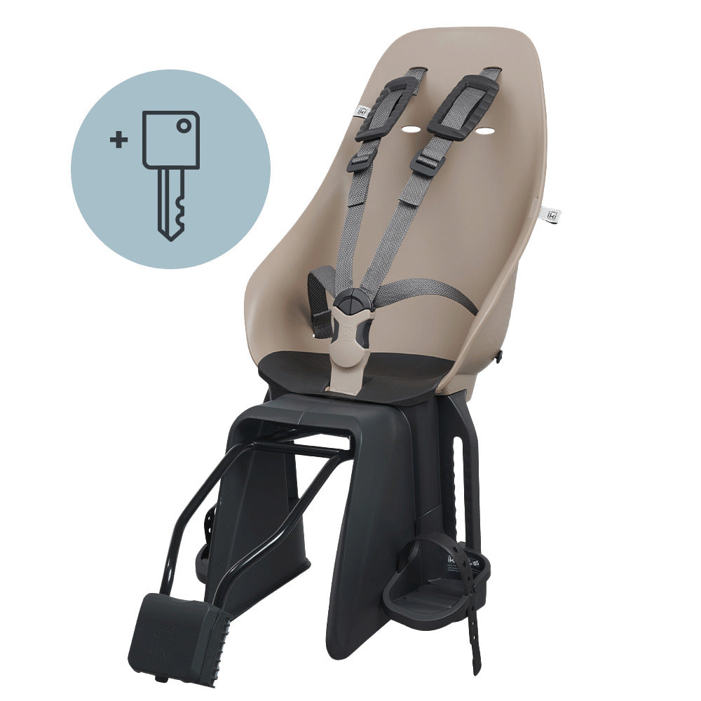Siège vélo enfant arrière Urban Iki - Ta-ke montage sur cadre coloris Beige/Noir sur fond blanc